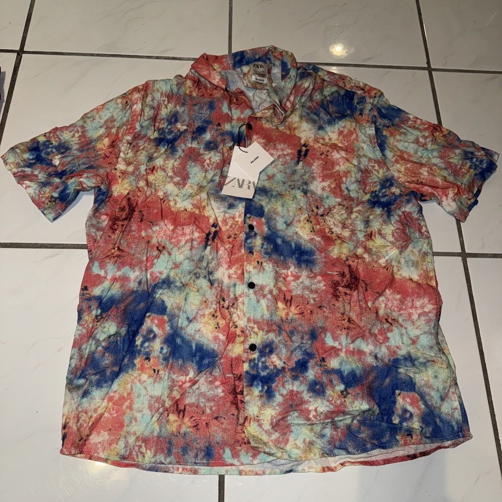 NWT ZARA Mens Colorful Abstract Funky Camp Linen Summer Button Shirt L Rayon AOP
